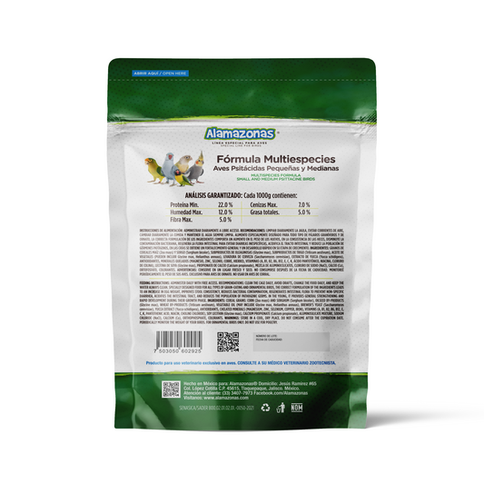 Fórmula Croquetas Multiespecies Aves Psitácidas Pequeñas y Medianas (Pericos, Ninfas, Kramer, Agapornis) 1kg Alamazonas