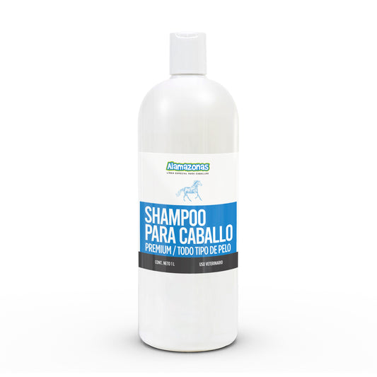 Shampoo para Caballo Premium Todo tipo de Pelo 1lt Equinos Alamazonas Shampoo y acondicionador reestructura el pelo, limpia y acondiciona dejándolo suave y con brillo, PH especial para caballos. USO VETERINARIO