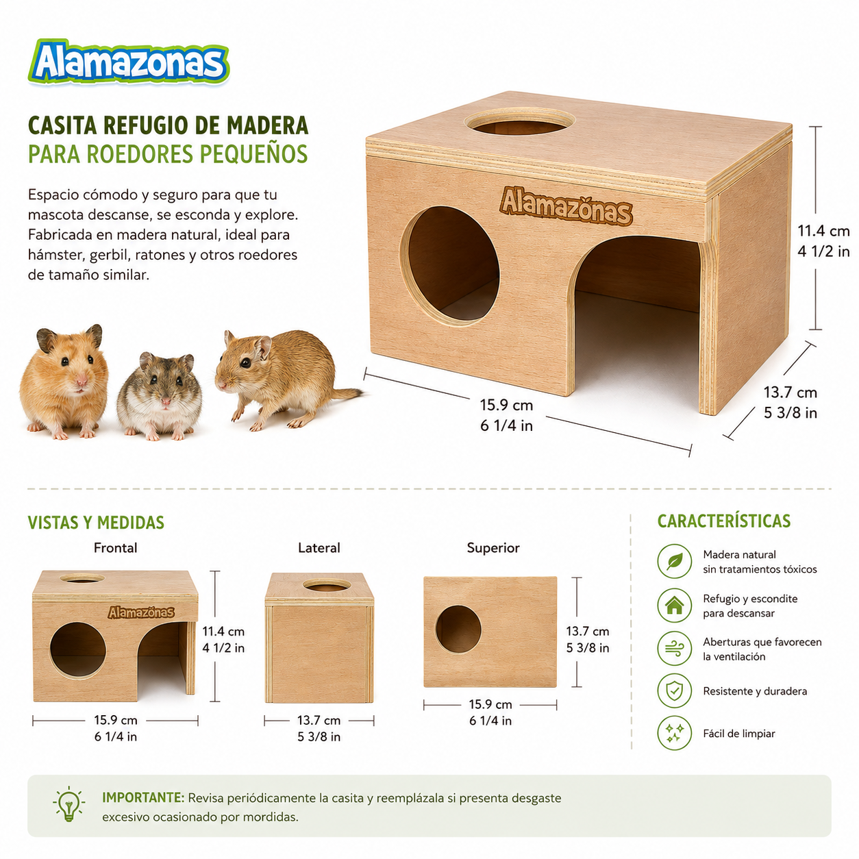 Casita Refugio de Madera para Hámster, Gerbil y Roedores Pequeños