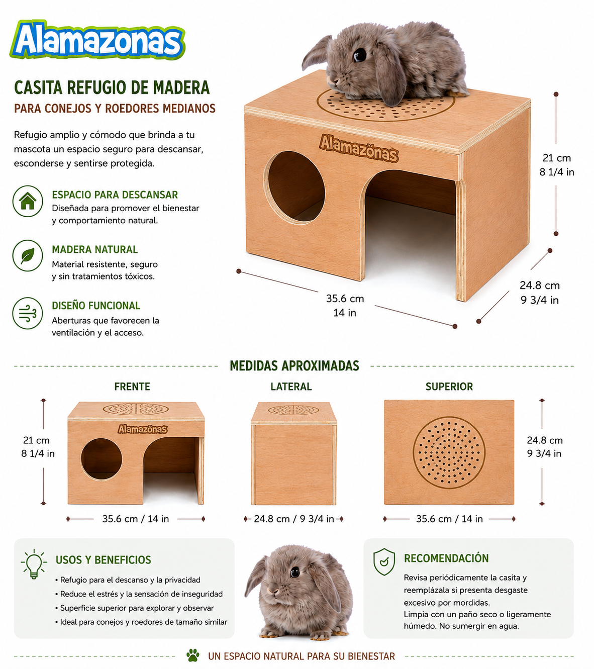 Casita Refugio de Madera para Conejo, Ardillas y Roedores Grandes