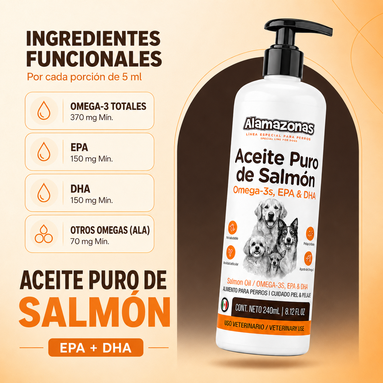 Aceite de Salmón para Perros y Gatos Piel y Pelaje con Omega 3 6 y 9 EPA & DHA