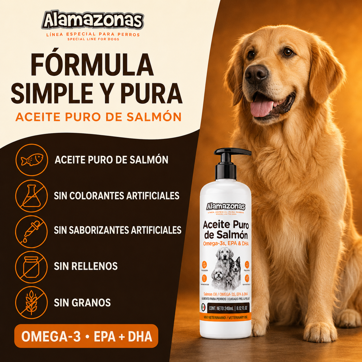 Aceite de Salmón para Perros y Gatos Piel y Pelaje con Omega 3 6 y 9 EPA & DHA