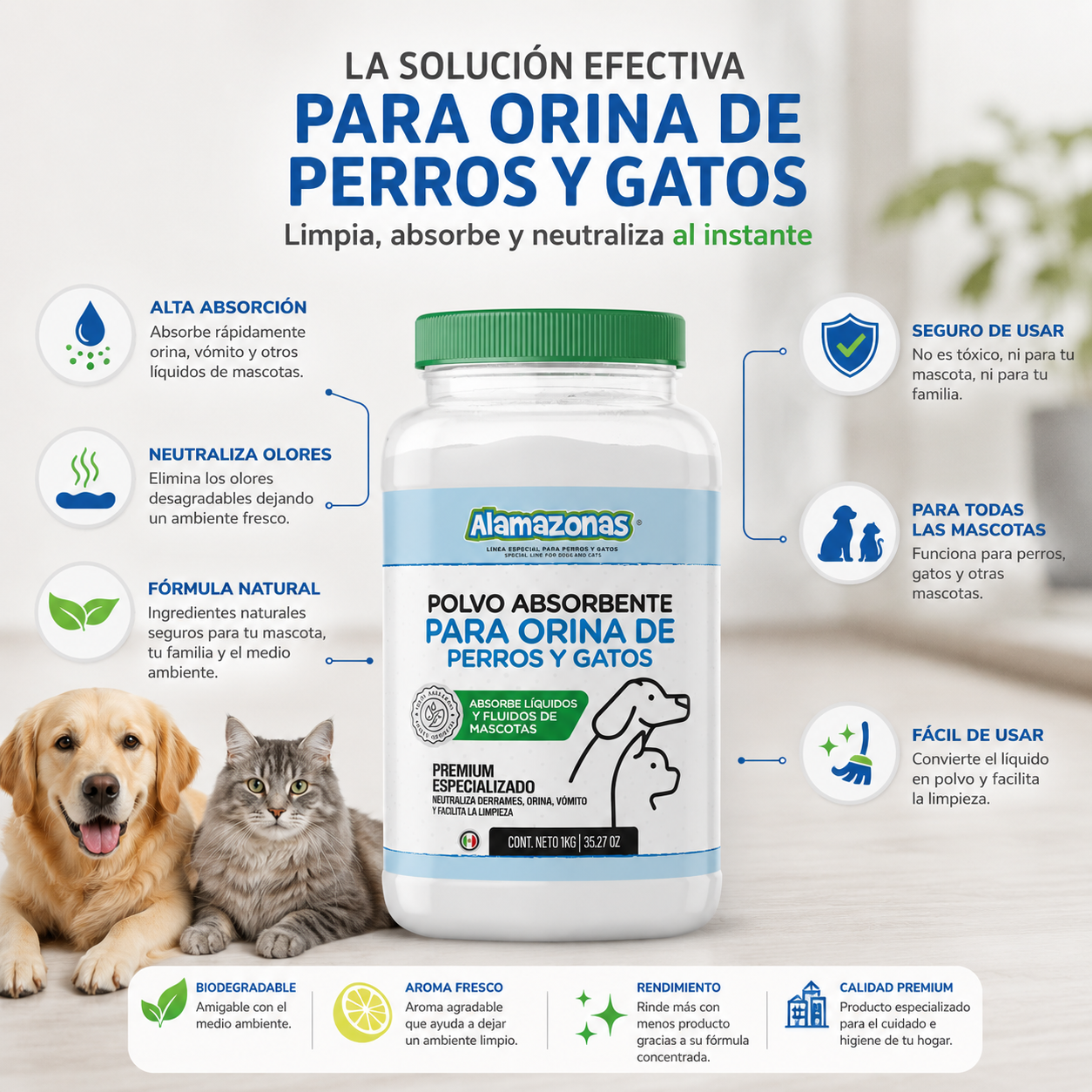 Polvo Absorbente para Orina y Vómito de Mascotas 1kg